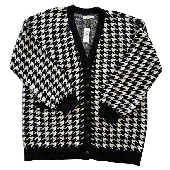 Loft Womens Black White Houndstooth Cardigan Sweater XL Career Professional - Picture 1 of 4